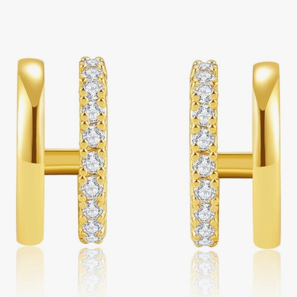 14k Gold Plated CZ Half-Hoop Faux Double Pierced Dainty Hoop Earrings for Women - Picture 5 of 6